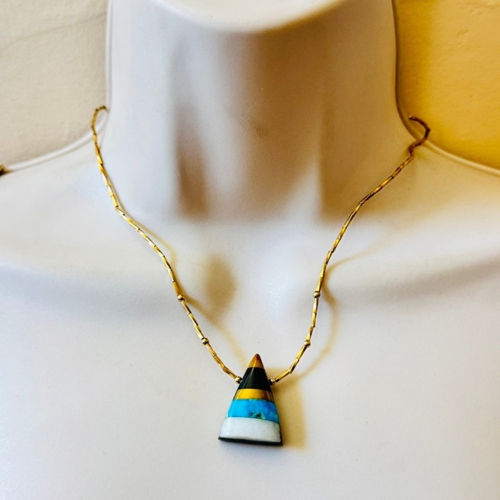 VTG Native‎ American Turquoise Necklace Natural Beads Liquid Gold Choker 70s 17"